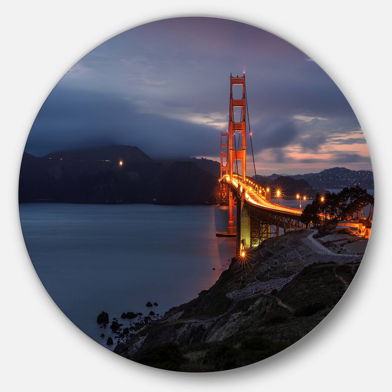 Designart - Golden Gate with Night Illumination' Ultra Glossy Sea Bridge Metal Circle Wall Art